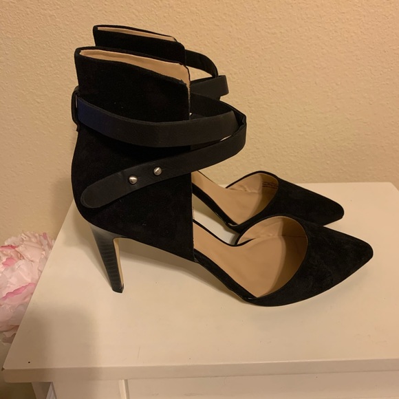 Black Suede Ankle Wrap Pumps - Picture 2 of 3